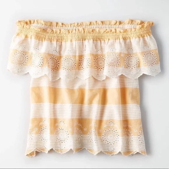 Nwt American Eagle Off the Shoulder Gold and White Wide Striped Cotton Top Small - Picture 3 of 4